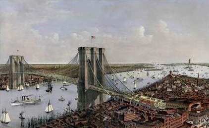 View of several ships sailing under and around the Brooklyn Bridge in 1885