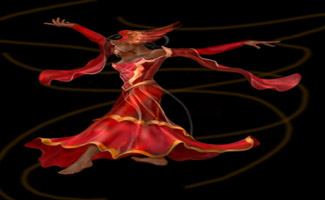 Woman dancer leaping in a twirling crimson dress