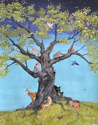 Child and Animals  in Huge Oak Tree