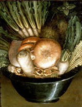 Painting of onions, radishes and mushrooms in bowl when reversed looks like a face